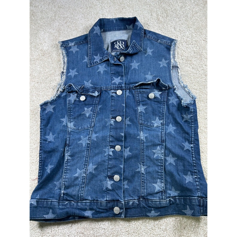 Rock Republic Womens Size L Blue‎ Denim Jean Vest Faded Stars